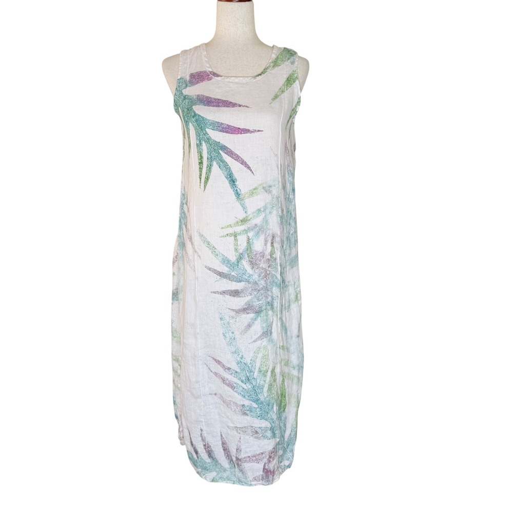FLAX Linen Maxi Dress Womens Small White Tropical Leaf Print Sleeveless Shift
